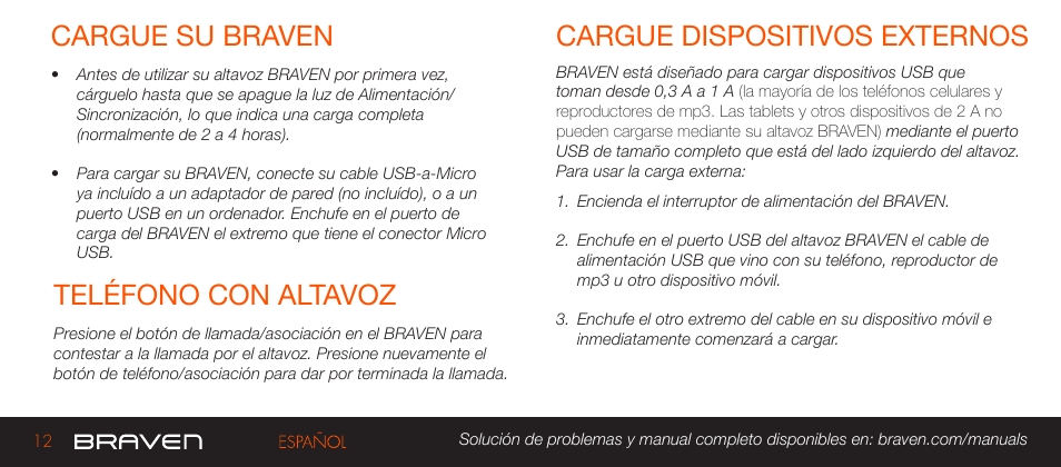 Cargue su braven, Cargue dispositivos externos teléfono con altavoz | BRAVEN 570 User Manual | Page 12 / 38