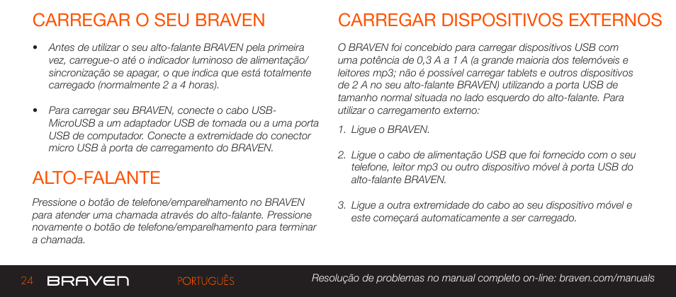 Carregar o seu braven, Carregar dispositivos externos alto-falante | BRAVEN 570 User Manual | Page 24 / 38