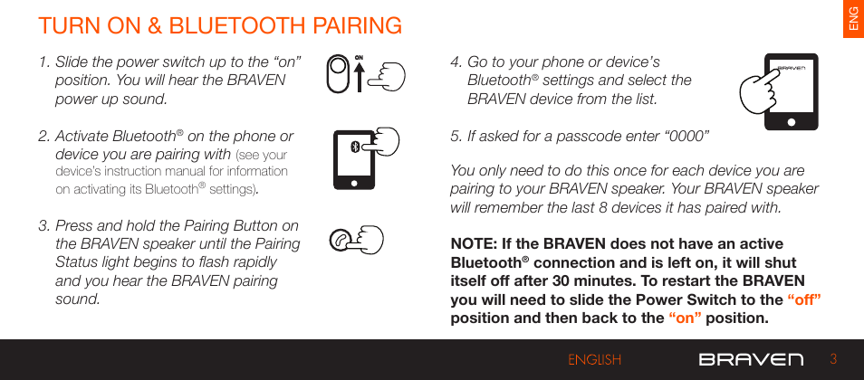 Turn on & bluetooth pairing | BRAVEN 570 User Manual | Page 3 / 38