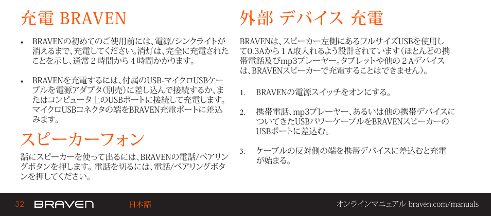 充電 braven, 外部 デバイス 充電 スピーカーフォン | BRAVEN 570 User Manual | Page 32 / 38