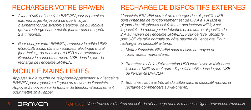 Module mains libres, Recharger votre braven, Recharge de dispositifs externes | BRAVEN 570 User Manual | Page 8 / 38
