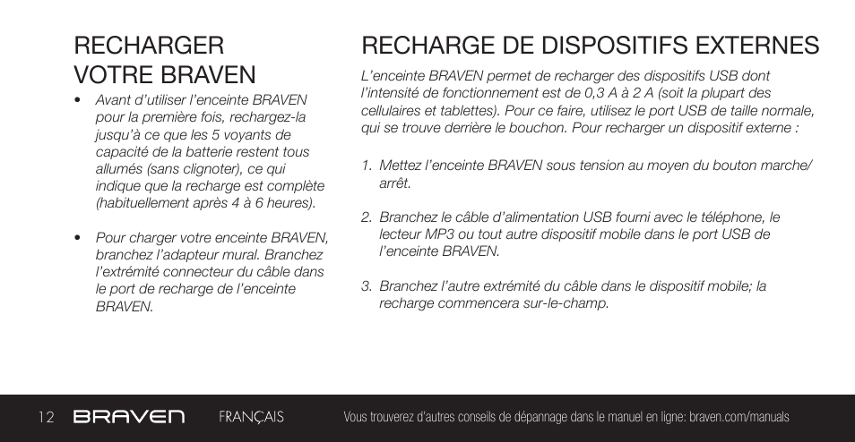 Recharger votre braven, Recharge de dispositifs externes | BRAVEN 855S User Manual | Page 12 / 68