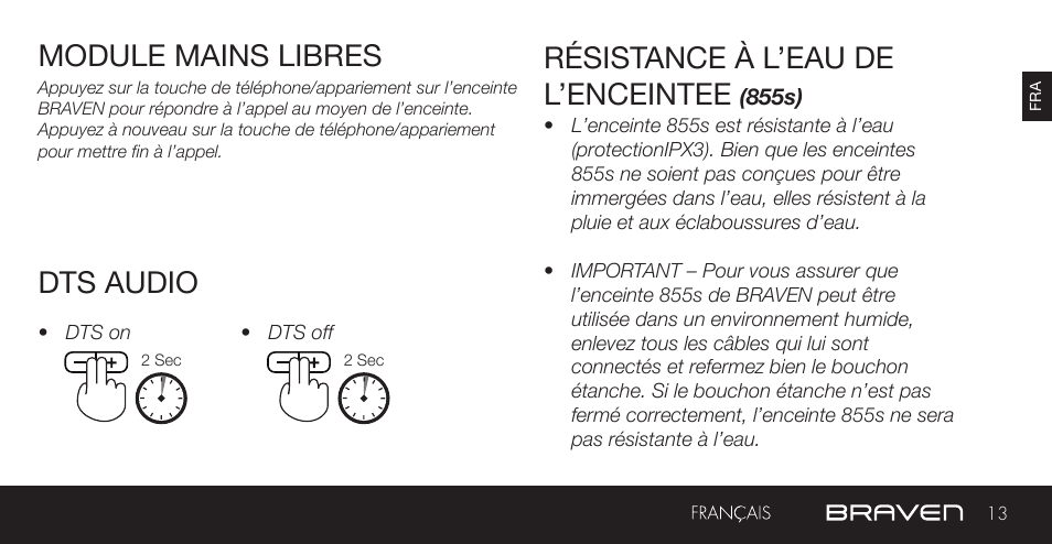 Module mains libres, Résistance à l’eau de l’enceintee, Dts audio | BRAVEN 855S User Manual | Page 13 / 68