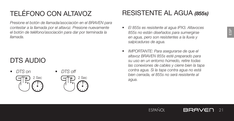 Teléfono con altavoz, Resistente al agua, Dts audio | BRAVEN 855S User Manual | Page 21 / 68
