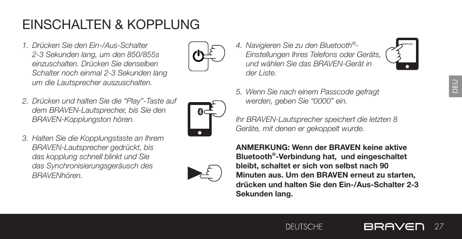 Einschalten & kopplung | BRAVEN 855S User Manual | Page 27 / 68