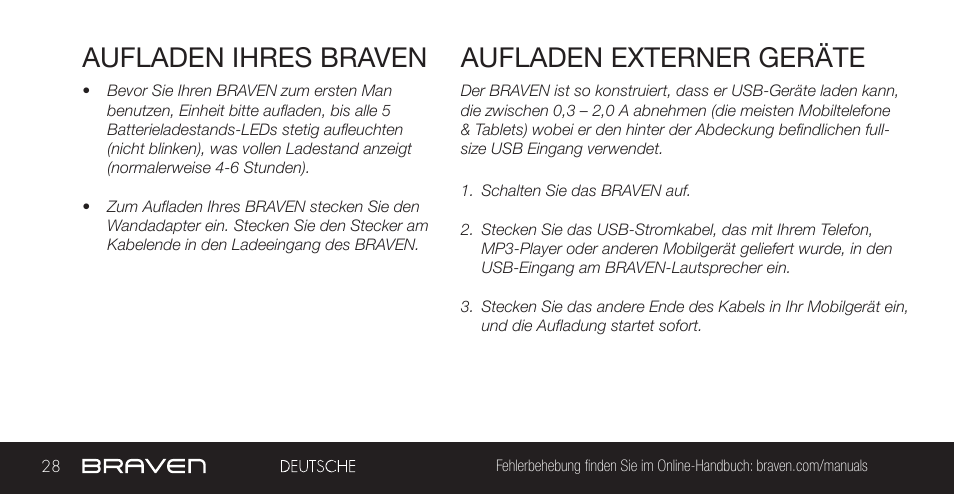 Aufladen ihres braven, Aufladen externer geräte | BRAVEN 855S User Manual | Page 28 / 68
