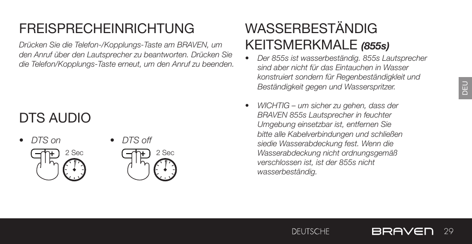 Freisprecheinrichtung, Wasserbeständig keitsmerkmale, Dts audio | BRAVEN 855S User Manual | Page 29 / 68