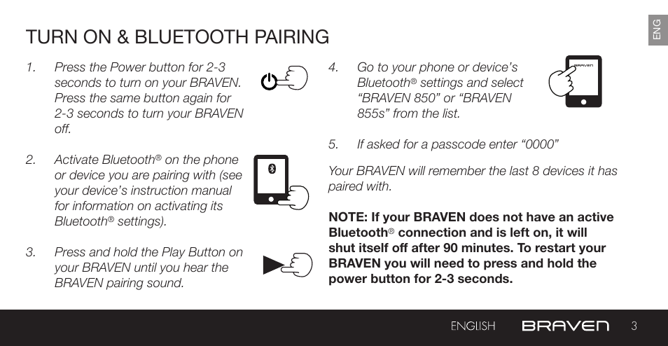 Turn on & bluetooth pairing | BRAVEN 855S User Manual | Page 3 / 68