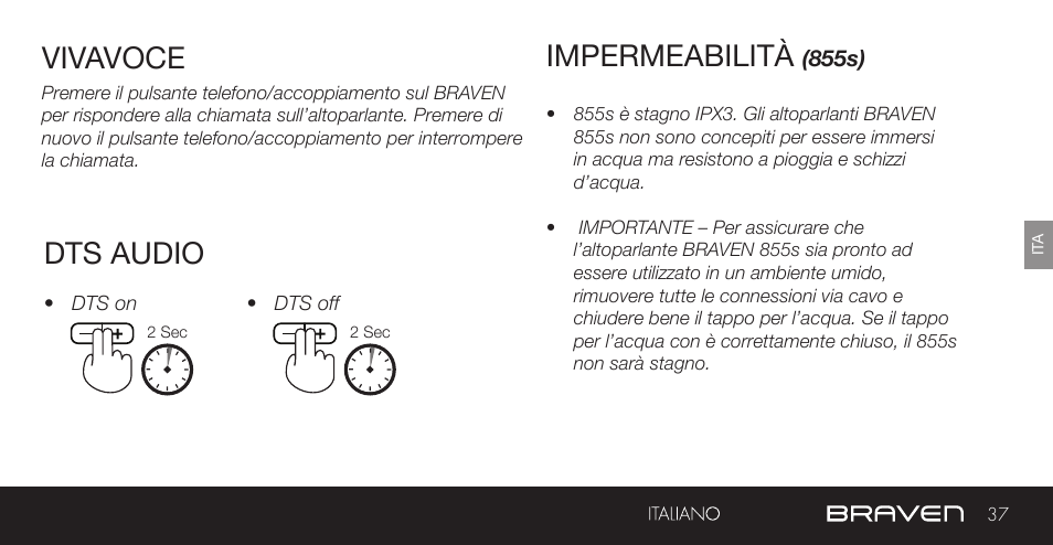 Vivavoce, Impermeabilità, Dts audio | BRAVEN 855S User Manual | Page 37 / 68