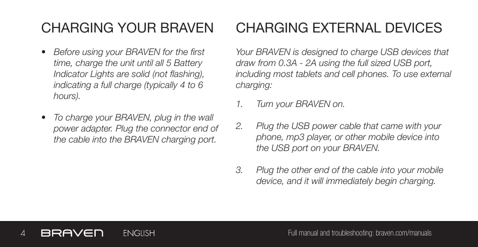 Charging your braven, Charging external devices | BRAVEN 855S User Manual | Page 4 / 68