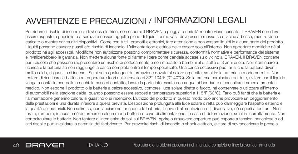 Avvertenze e precauzioni / informazioni legali | BRAVEN 855S User Manual | Page 40 / 68