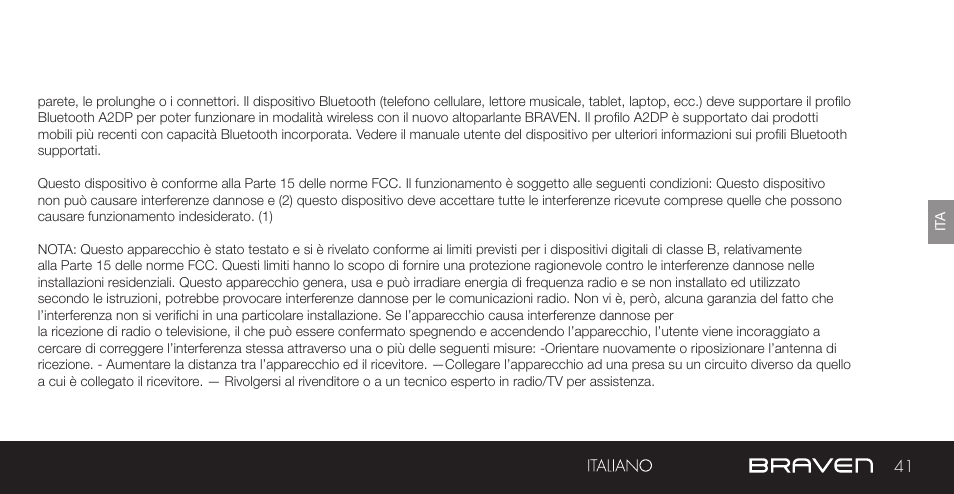Avvertenze e precauzioni / informazioni legali | BRAVEN 855S User Manual | Page 41 / 68
