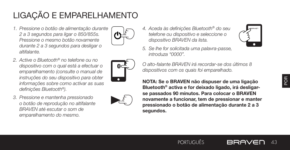 Ligação e emparelhamento | BRAVEN 855S User Manual | Page 43 / 68
