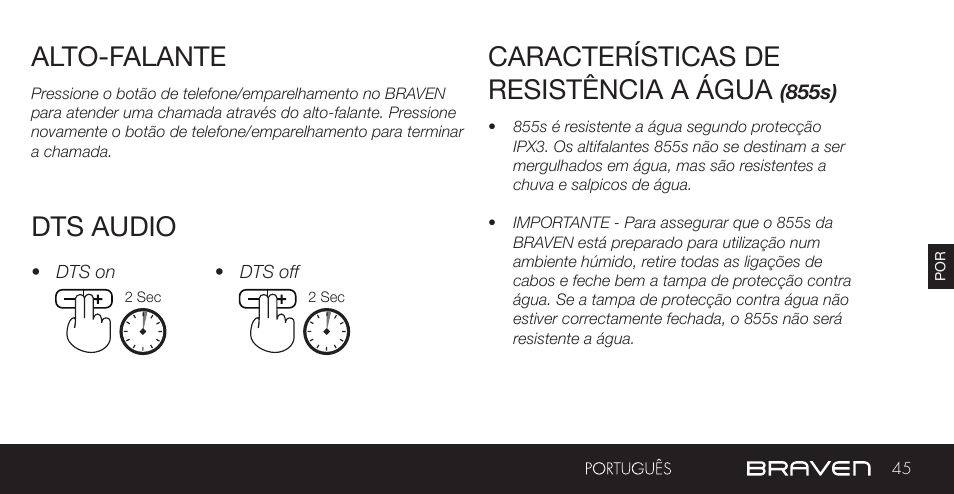 Alto-falante, Características de resistência a água, Dts audio | BRAVEN 855S User Manual | Page 45 / 68