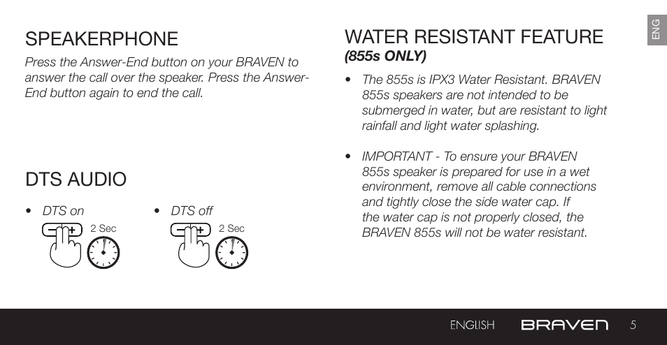 Speakerphone water resistant feature, Dts audio | BRAVEN 855S User Manual | Page 5 / 68