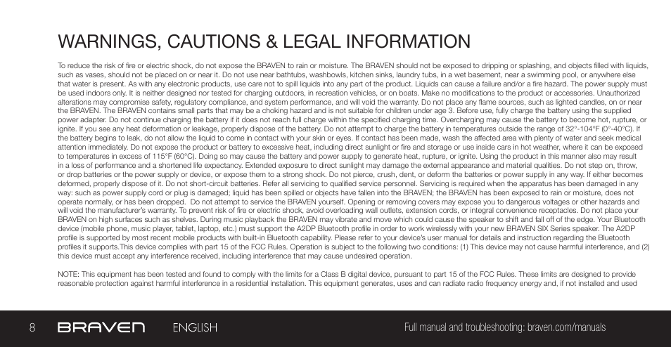 Warnings, cautions & legal information | BRAVEN 855S User Manual | Page 8 / 68