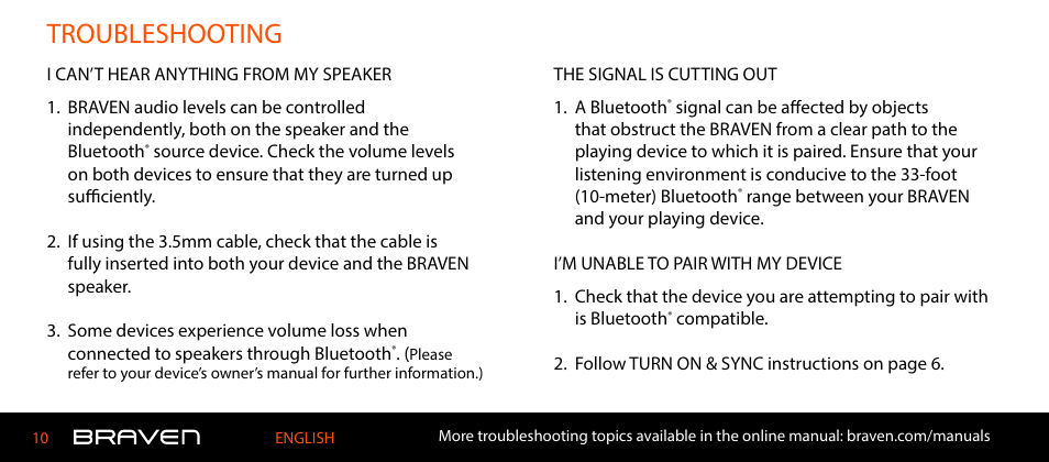 Troubleshooting | BRAVEN 600 User Manual | Page 10 / 98
