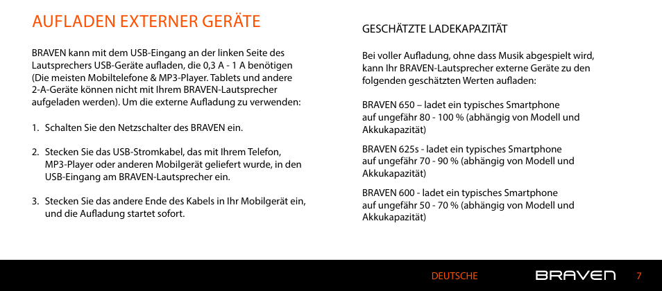 Aufladen externer geräte | BRAVEN 600 User Manual | Page 43 / 98