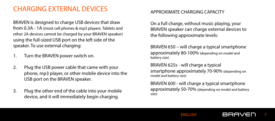 Charging external devices | BRAVEN 600 User Manual | Page 7 / 98