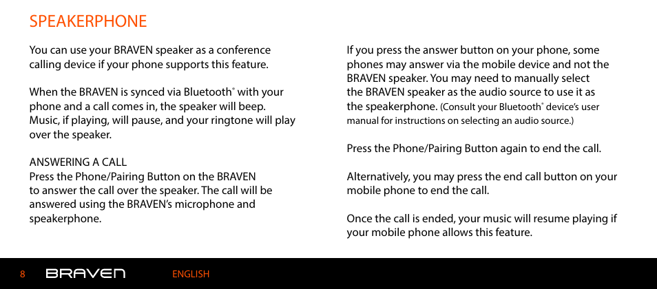 Speakerphone | BRAVEN 600 User Manual | Page 8 / 98