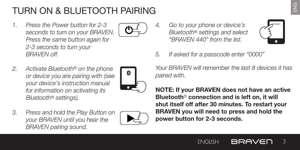 Turn on & bluetooth pairing | BRAVEN 440 User Manual | Page 3 / 8