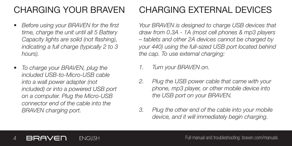 Charging your braven, Charging external devices | BRAVEN 440 User Manual | Page 4 / 8