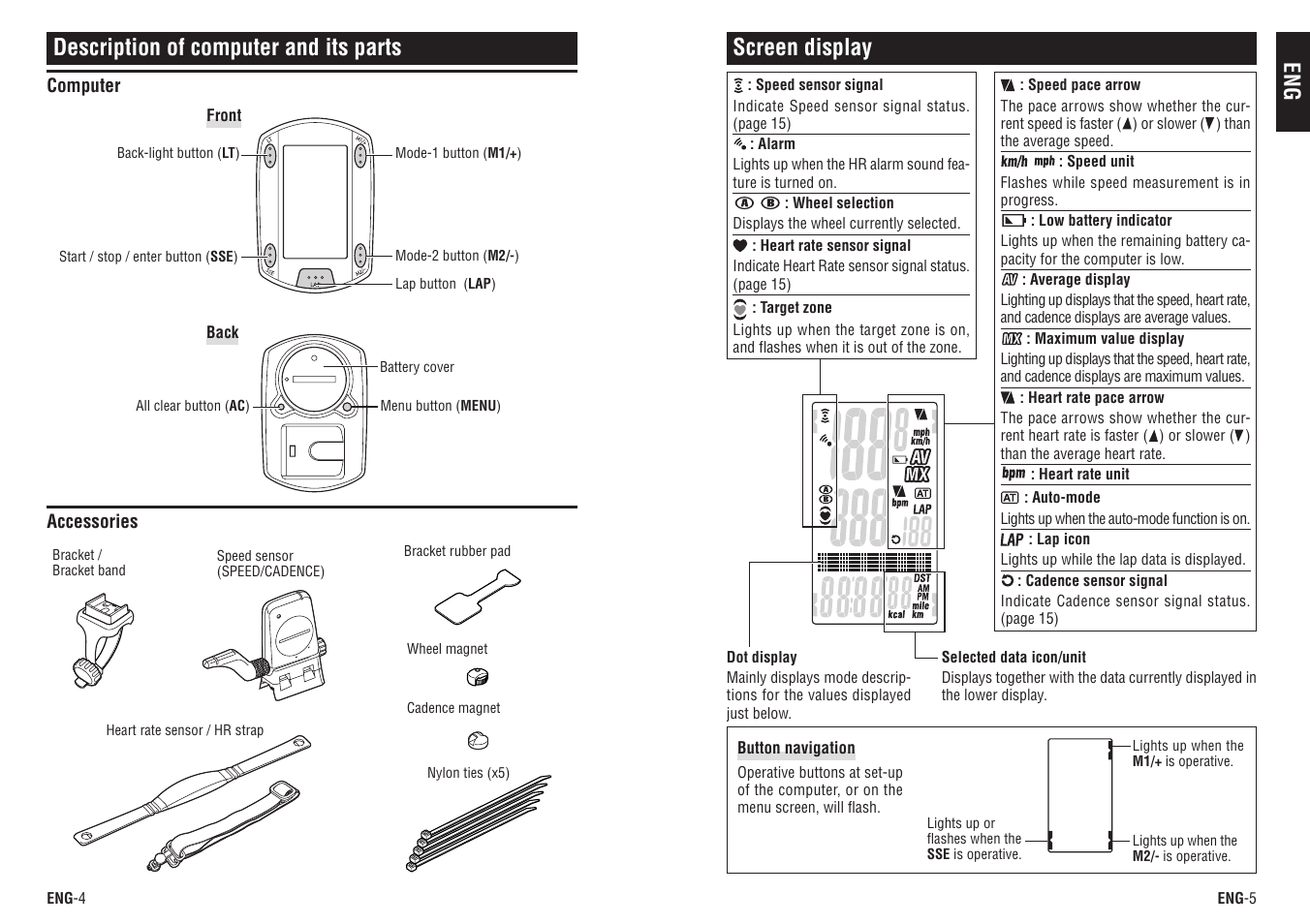 Screen display, Description of computer and its parts | CatEye CC-TR300TW [V3] User Manual | Page 3 / 23