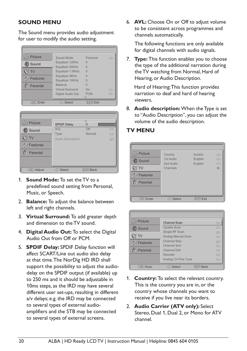 Sound menu, Tv menu | Alba L26M1 User Manual | Page 22 / 40