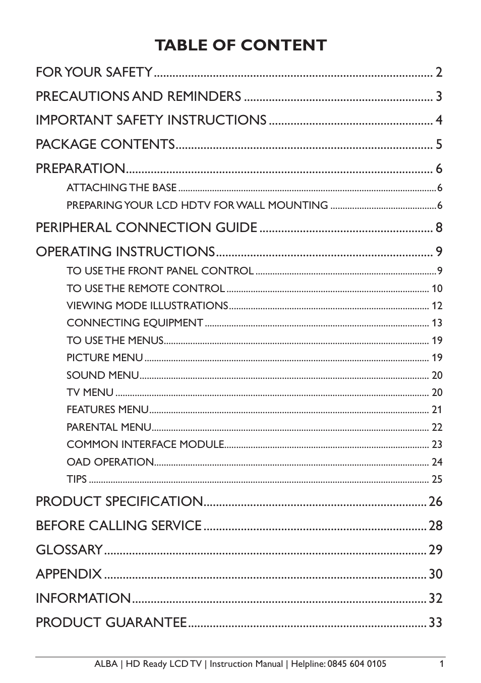 Table of content, Peripheral connection guide operating instructions | Alba L26M1 User Manual | Page 3 / 40