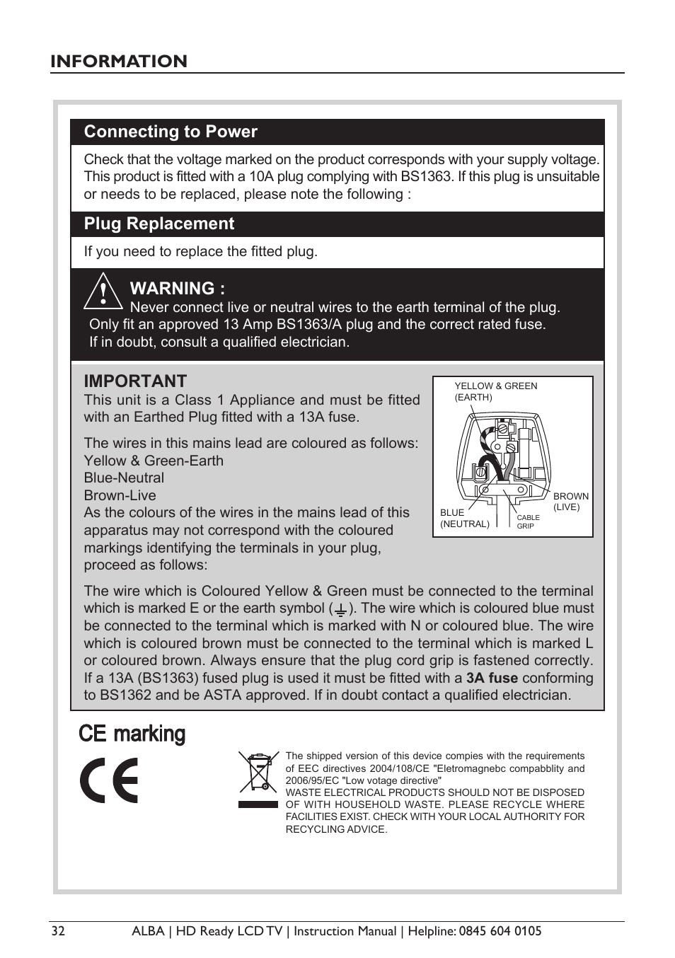 Ce marking, Information, Important | Plug replacement warning, Connecting to power | Alba L26M1 User Manual | Page 34 / 40