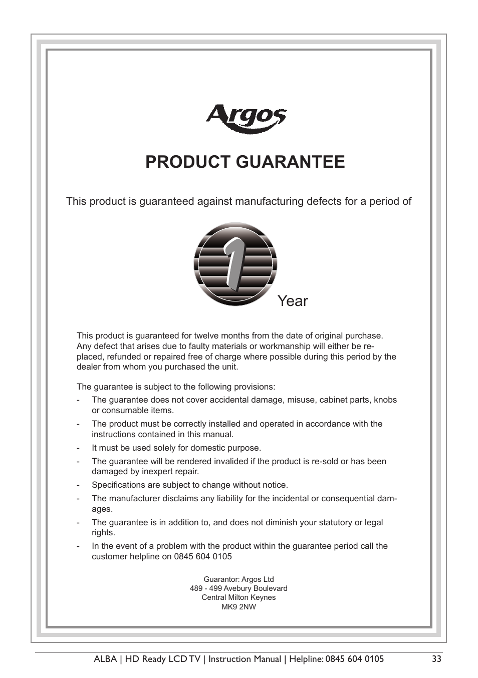 Product guarantee, Year | Alba L26M1 User Manual | Page 35 / 40