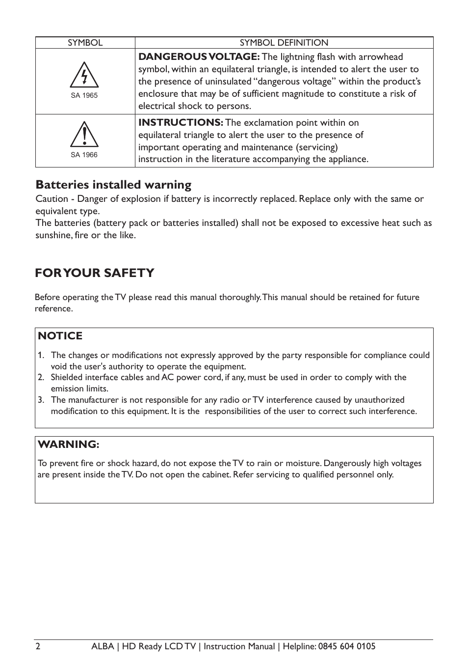 Batteries installed warning, For your safety | Alba L26M1 User Manual | Page 4 / 40
