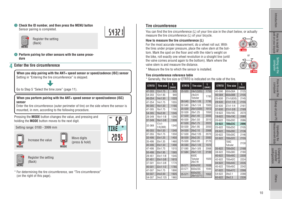 Tire circumference, Enter the tire circumference | CatEye CC-GL50 [Stealth 50] User Manual | Page 10 / 41