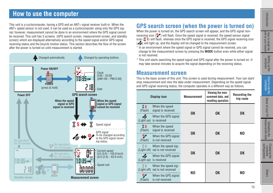 How to use the computer, Gps search screen (when the power is turned on), Measurement screen | How to use the, Computer, Setup of your pc | CatEye CC-GL50 [Stealth 50] User Manual | Page 13 / 41