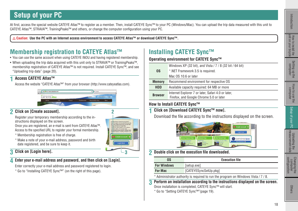 Setup of your pc, Membership registration to cateye atlas, Installing cateye sync | Measurement data | CatEye CC-GL50 [Stealth 50] User Manual | Page 18 / 41