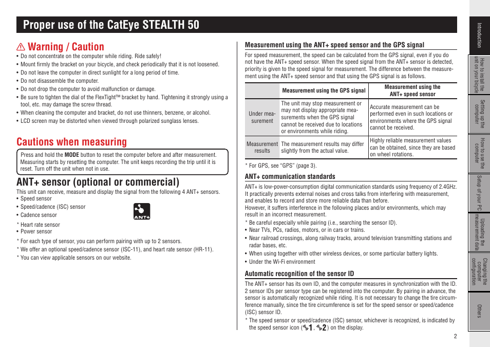 Proper use of the cateye stealth 50, Warning / caution, Cautions when measuring | Ant+ sensor (optional or commercial), Ant+ communication standards, Automatic recognition of the sensor id | CatEye CC-GL50 [Stealth 50] User Manual | Page 2 / 41