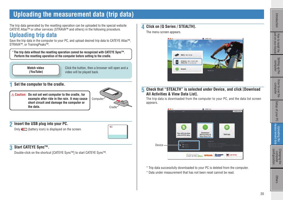 Uploading the measurement data (trip data), Uploading trip data, Uploading the | CatEye CC-GL50 [Stealth 50] User Manual | Page 20 / 41