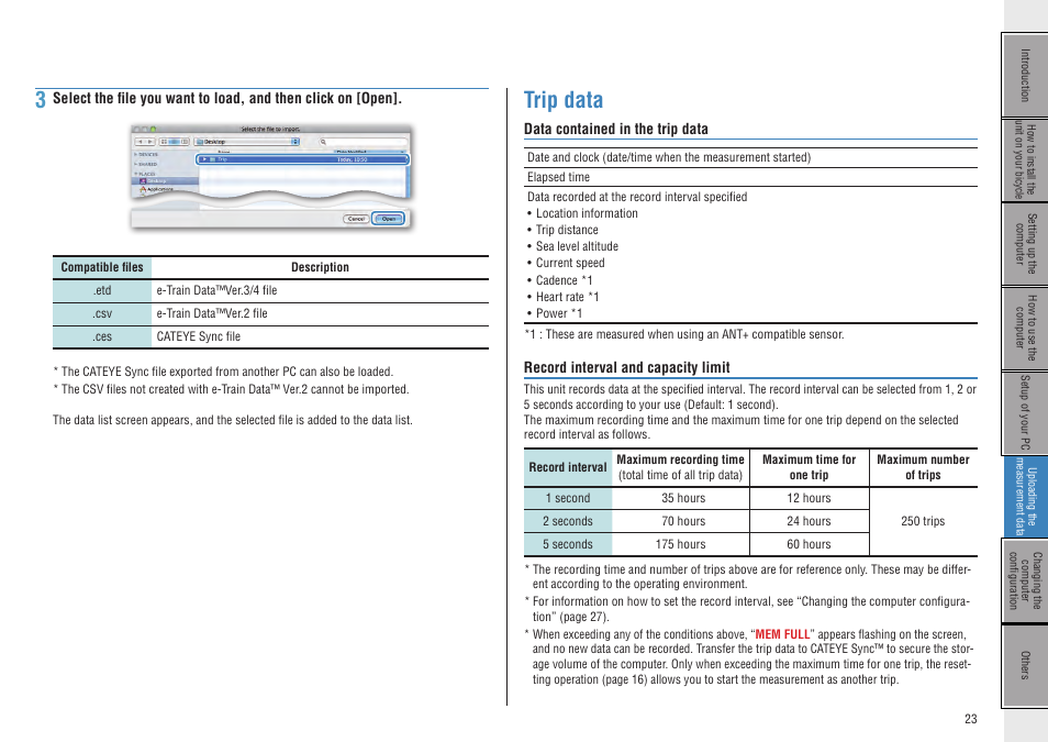 Trip data, Data contained in the trip data, Record interval and capacity limit | CatEye CC-GL50 [Stealth 50] User Manual | Page 23 / 41