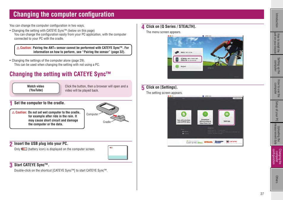 Changing the computer configuration, Changing the setting with cateye sync, Changing the | Computer, Confi guration, Configuration, Changing the setting with cateye sync™ 1 | CatEye CC-GL50 [Stealth 50] User Manual | Page 27 / 41