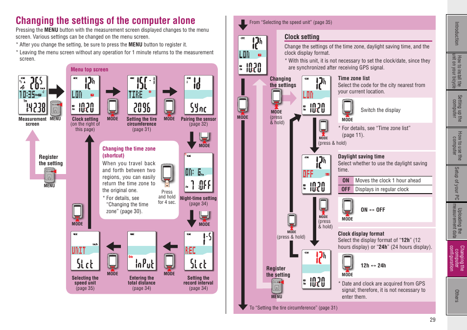 Changing the settings of the computer alone, Clock setting | CatEye CC-GL50 [Stealth 50] User Manual | Page 29 / 41