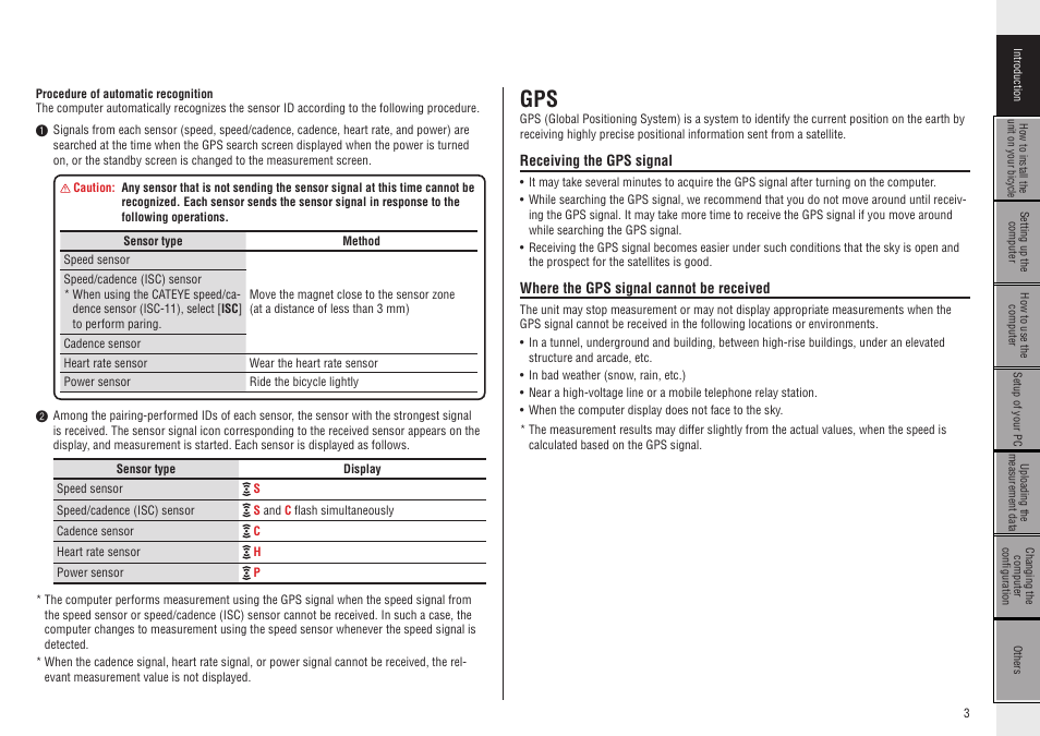 Receiving the gps signal, Where the gps signal cannot be received | CatEye CC-GL50 [Stealth 50] User Manual | Page 3 / 41