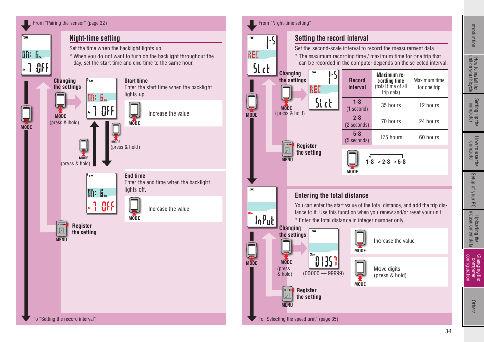Night-time setting, Setting the record interval, Entering the total distance | CatEye CC-GL50 [Stealth 50] User Manual | Page 34 / 41