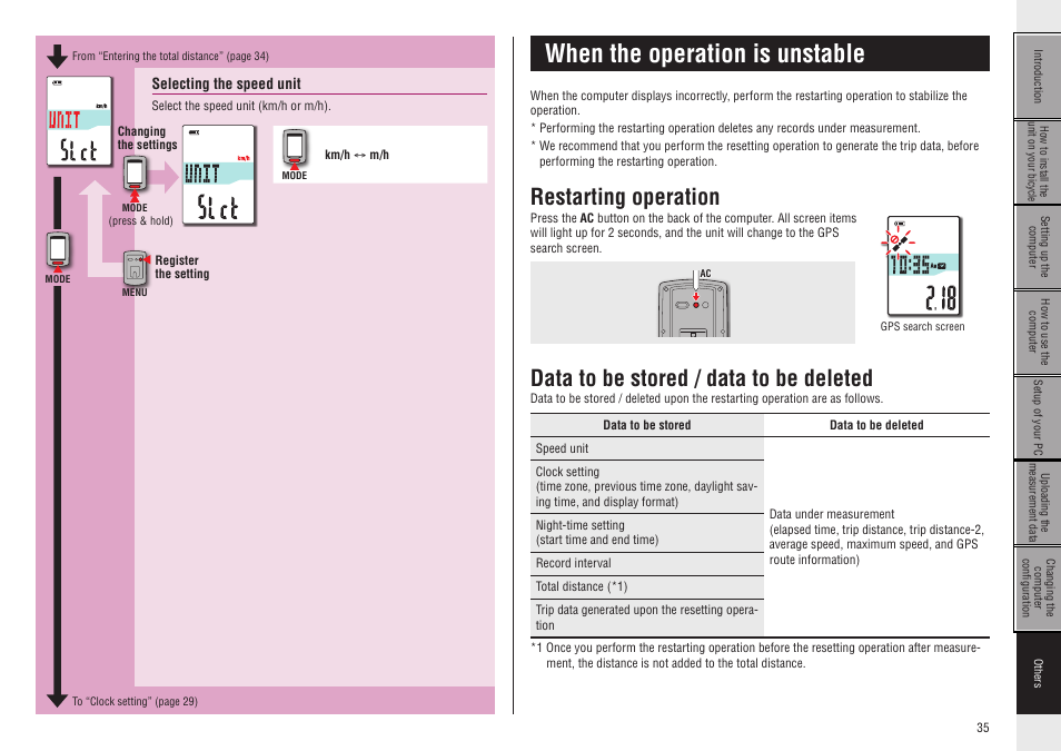 Selecting the speed unit, When the operation is unstable, Restarting operation | Data to be stored / data to be deleted, Others | CatEye CC-GL50 [Stealth 50] User Manual | Page 35 / 41