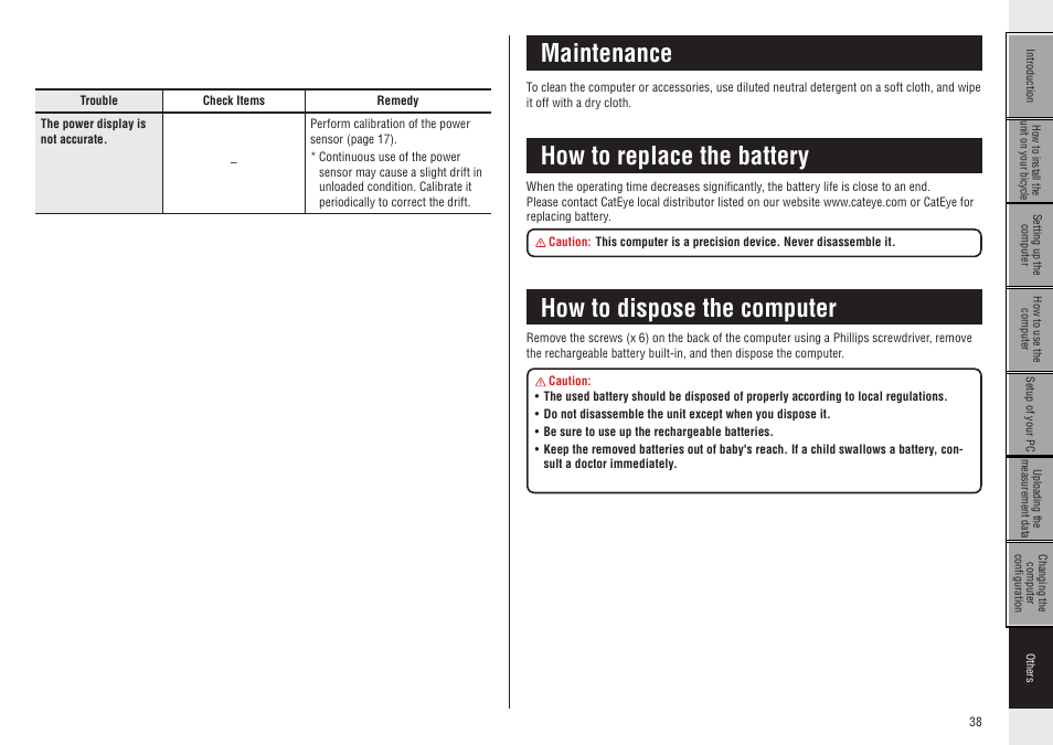 Maintenance, How to replace the battery, How to dispose the computer | CatEye CC-GL50 [Stealth 50] User Manual | Page 38 / 41