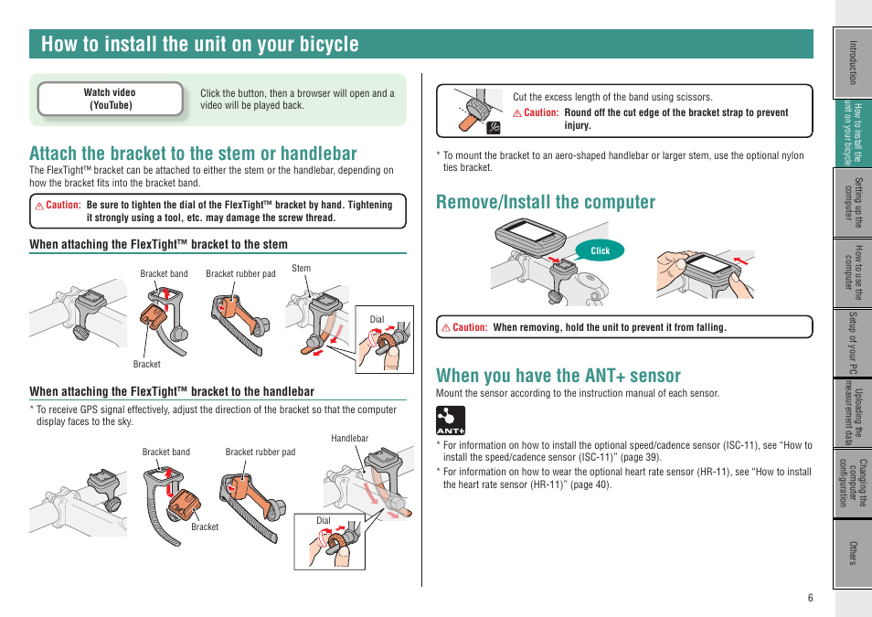 How to install the unit on your bicycle, Attach the bracket to the stem or handlebar, When attaching the flextight™ bracket to the stem | Remove/install the computer, When you have the ant+ sensor, How to install the | CatEye CC-GL50 [Stealth 50] User Manual | Page 6 / 41