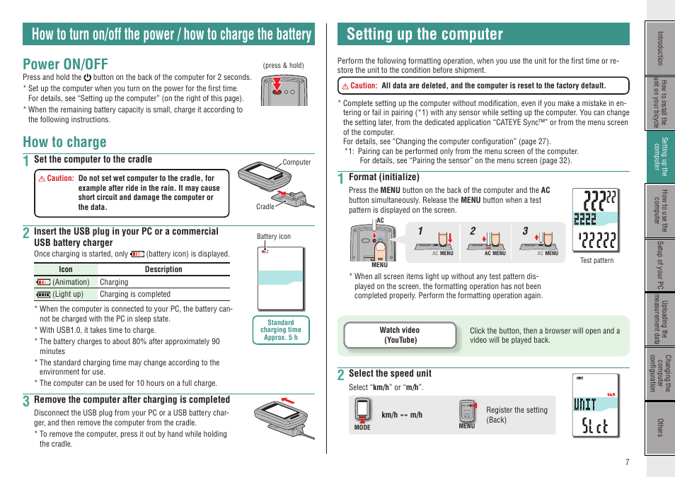 Power on/off, How to charge, Setting up the computer | Setting up the, Computer, How to charge 1 | CatEye CC-GL50 [Stealth 50] User Manual | Page 7 / 41