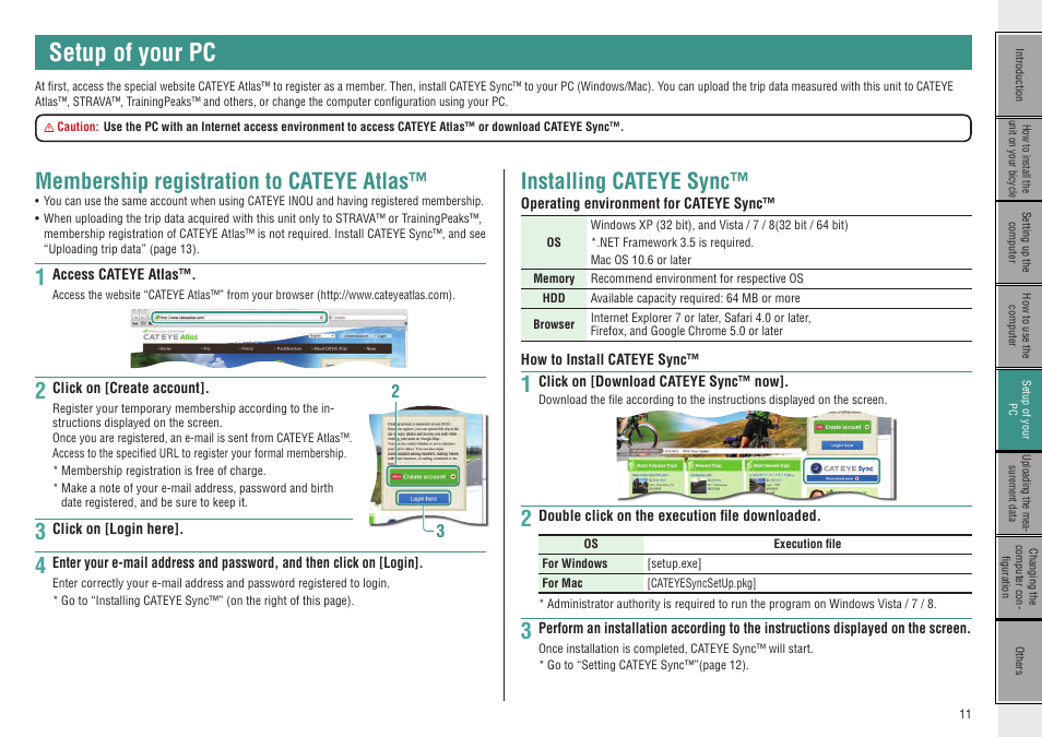 Setup of your pc, Membership registration to cateye atlas, Installing cateye sync | Uploading the mea, Setup of your | CatEye CC-GL10 [Stealth 10] User Manual | Page 11 / 28