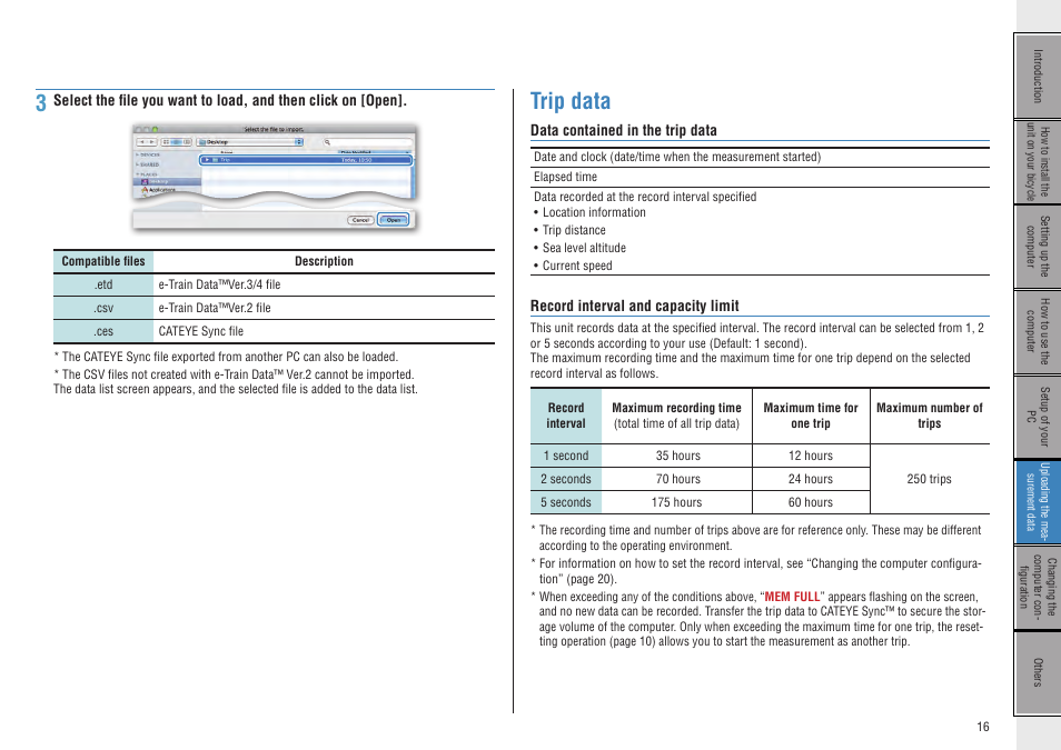 Trip data, Data contained in the trip data, Record interval and capacity limit | CatEye CC-GL10 [Stealth 10] User Manual | Page 16 / 28