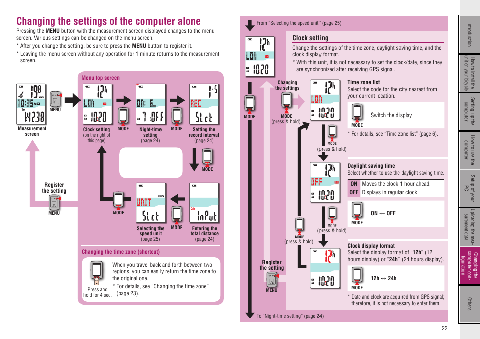 Changing the settings of the computer alone, Clock setting | CatEye CC-GL10 [Stealth 10] User Manual | Page 22 / 28