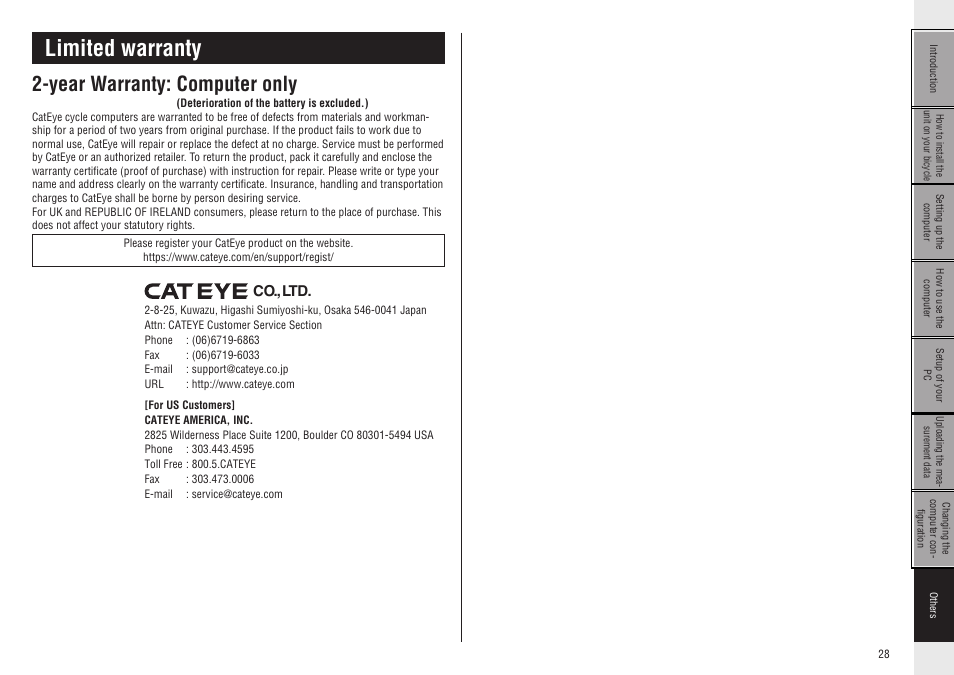 Limited warranty, Year warranty: computer only | CatEye CC-GL10 [Stealth 10] User Manual | Page 28 / 28